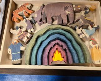 Handmade wooden prehistoric life playset by a European toymaker.  Unusual and uncommon. Brand new, unused.