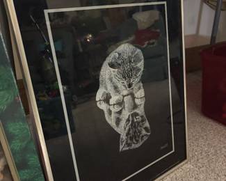 vintage cat glass framed pic