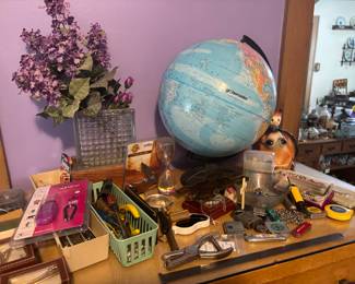 pocket sized tools Vintage globe, misc