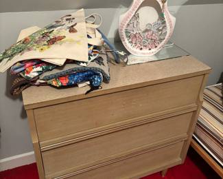 travel bags, vintage pottery light blonde peg leg dresser