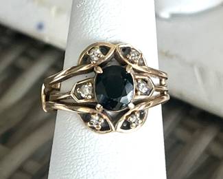 SAPPHIRE AND DIAMOND BRIDAL RING SET, DARK BLUE SAPPHIRE ENGAGEMENT RING SET WITH DIAMONDS 14K