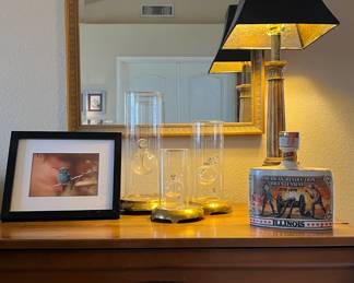 Vintage American of Martinsville Chest of Drawers, Mirror, Set/3  Wolfard Oil Lamps w Brass Bases, Accent Lamp. Hummingbird Art