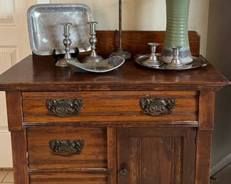 Antique Wash Stand, Pewter, Accent Lamp, Pottery