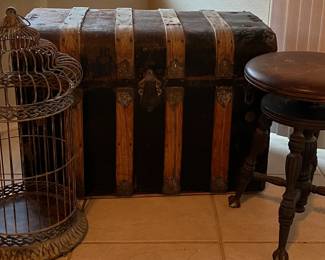 Antique/Vintage Trunk, Bird Cage Decor, Vintage Piano Stool