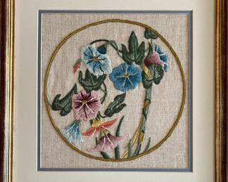 Vintage Elsa Williams Crewel Embroidery Morning Glories Framed