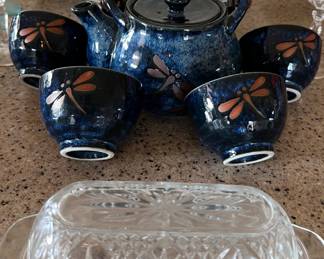 Japanese Dragonfly on Blue Tea Set Tombo