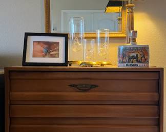 Vintage American of Martinsville Chest of Drawers, Mirror, Set/3  Wolfard Oil Lamps w Brass Bases, Accent Lamp. Hummingbird Art
