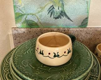 Hummingbird Cutting Board, Bordallo Pinheiro Green Vine Plates s/4,  Cost Plus World Market Green Dragonfly Dinner Plates s/4 