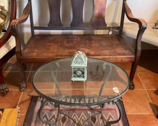 Wood bench-43x37 oval glass table-18x24x21