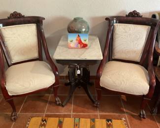 2 antique matchingclaw foot chairs-24x38 & marble top table-18x26x29