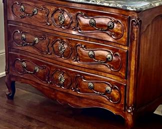 1780s French carved walnut large chest with original hardware and a faux painted top!