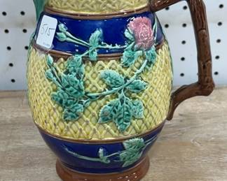 Wild Rose Basket Weave Majolica Pitcher