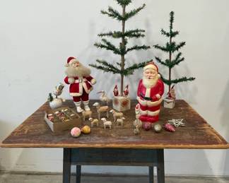 Early Feather Trees, Santa Claus Blow Mold, Figures, Putz Wooly German Sheep, Glass Ornaments incl. Figural