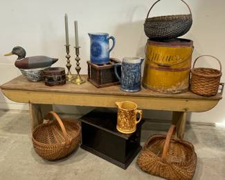 Early American Country Items, Bench in old Mustard Paint, Wooden Decoys, Early Gathering Baskets, Stoneware and Crockery, Spongeware, Brass Pushup Candlesticks