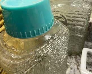Vintage 1940's-1960's Anchor Hocking Soreno Glass Refrigerator Water ,Juice, Pitchers with Turquoise Pouring Lid
