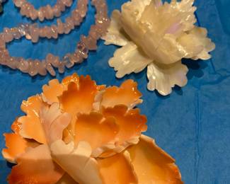 Hand Carved Shell Brooch's, Quartz Beads