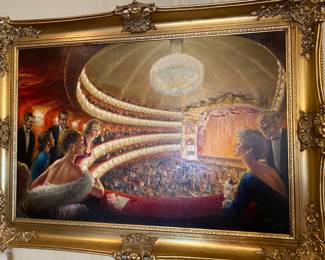 Listed Artist Josep Mestres Cabanes. Spanish Artist. Grand Opera House. Oil on Canvas. Signed. Gilt Ornate Gold Frame 