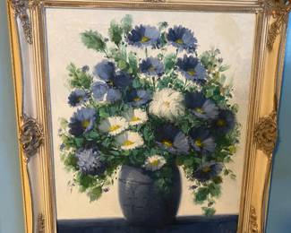 Listed Artist L. Cuevas. Blue Floral, Ornate Framed. Artist uses different pseudonyms also