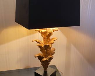 1970's John Richard Acanthus Multi Layered Gold Leaf Table Lamp with Black Textile Shade (2)
