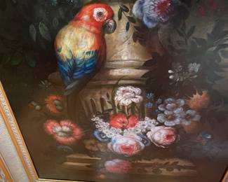 BLUHM Artist. Oil Painting on Canvas. 24x36 Parrot Still Life Floral. Purchased Plunkett Furniture 1970's