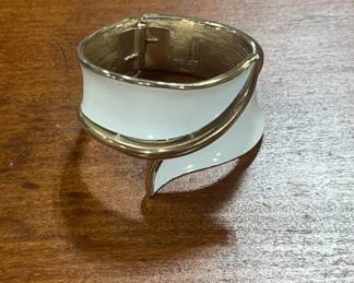 Trifari White & Goldtone Enameled Clamper Bracelet