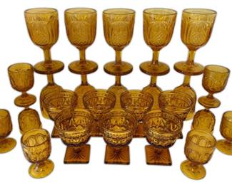 Amber Pineapple Footed Goblets, Indiana Colony Park Goblets, and Moon Stars Cordial Glasses