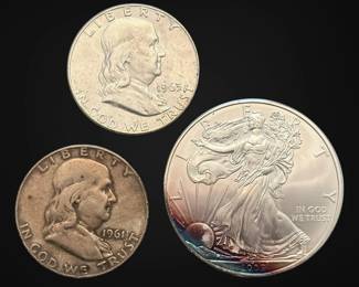 2009 U.S. Silver Eagle Dollar Franklin Half Dollars 1961D and 1963D