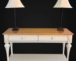 Wooden Farmhouse Style Console Table w Two Lamps