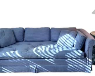 Blue Tufted Sofa w Side Table Lamp
