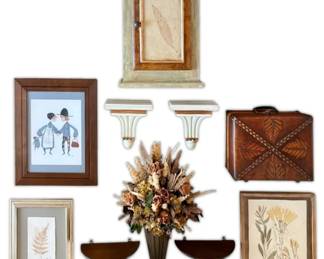 Wooden Wall Cabinet, Dried Flowers, Framed CrossStitch, Boho Decor