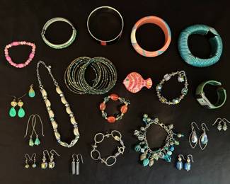 Pink Blue Costume Jewelry Bracelets, Fish Brooch, More