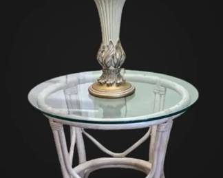 White Round Rattan Glass Top Side Table w GoldToned Ceramic Lamp
