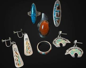 Native American Sterling Silver Jewelry with Crushed Turquoise Inlay 39.3g