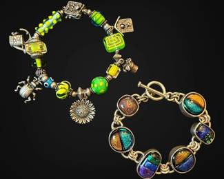 Sterling Silver Bracelets w Art Glass Dichroic Glass Beads 88.8g