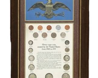 Framed United States Coins of the 20th Century Including Morgan Silver Dollar Peace Dollar