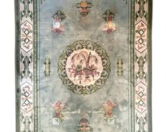 Large Wool Floral Green Area Rug 9.5 x 6 ft