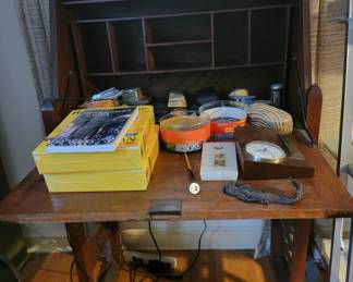 wood secretary desk  / office supplies / desk clock and others