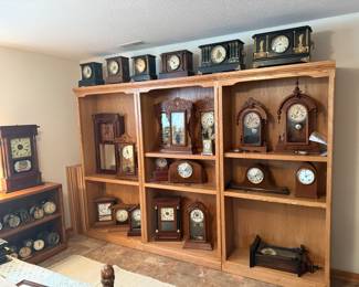 ANTIQUE CLOCKS AND SHELVING UNITS