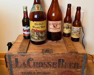 C.J. MICHEL BREWERY LACROSSE BEER BOTTLE CRATE AND VINTAGE BEER BOTTLES