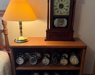 ANTIQUE ALARM CLOCKS, TOUCH LAMP AND SHELF