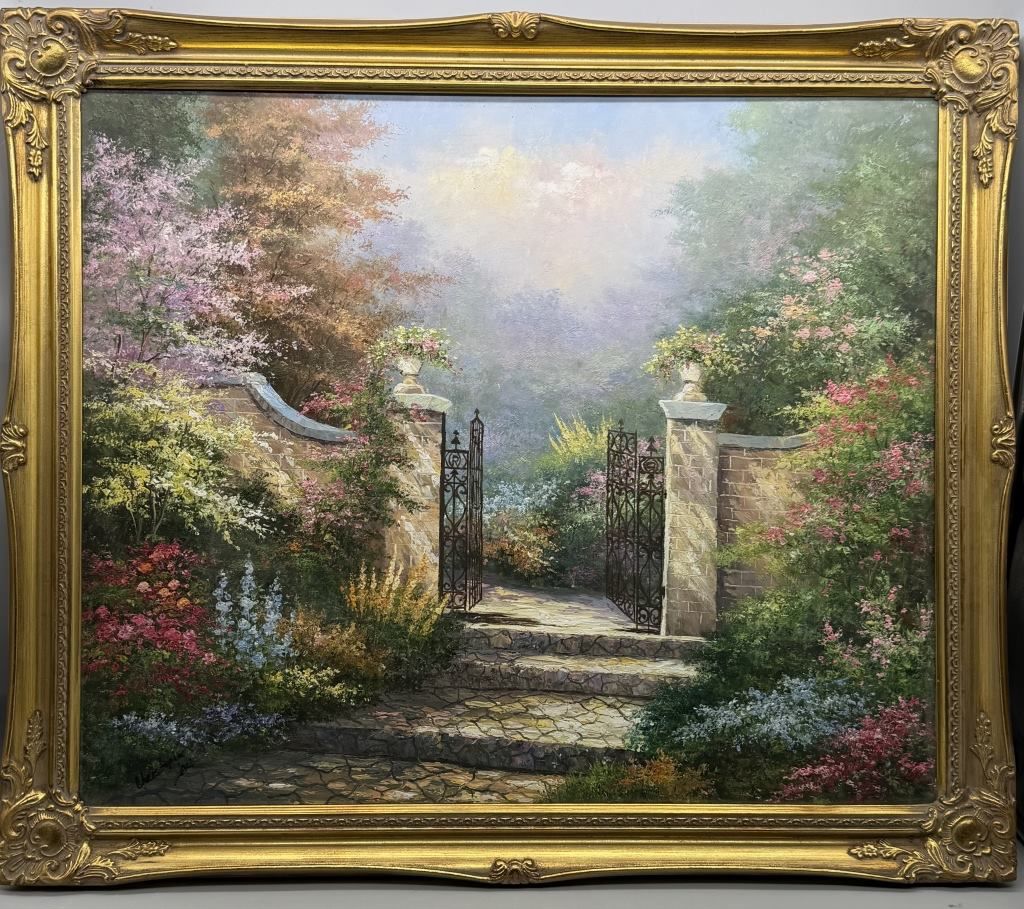 Illuminated Garden Gate on Canvas, Gilt Gold Frame