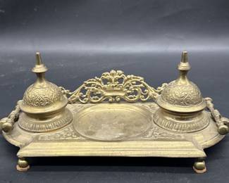 Vintage Brass Double Inkwell Desk Set w/ Pen Rest