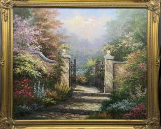 Illuminated Garden Gate on Canvas, Gilt Gold Frame