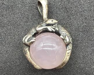 Sterling Silver Lizard Rose Quartz Pendant, 6g TW