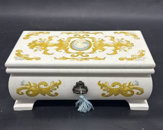 Vtg. Jewelry Box White w/ Gold Scroll & Blue Cameo