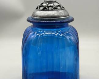 Large Blue Ribbed Glass Canister w/ Starfish Lid