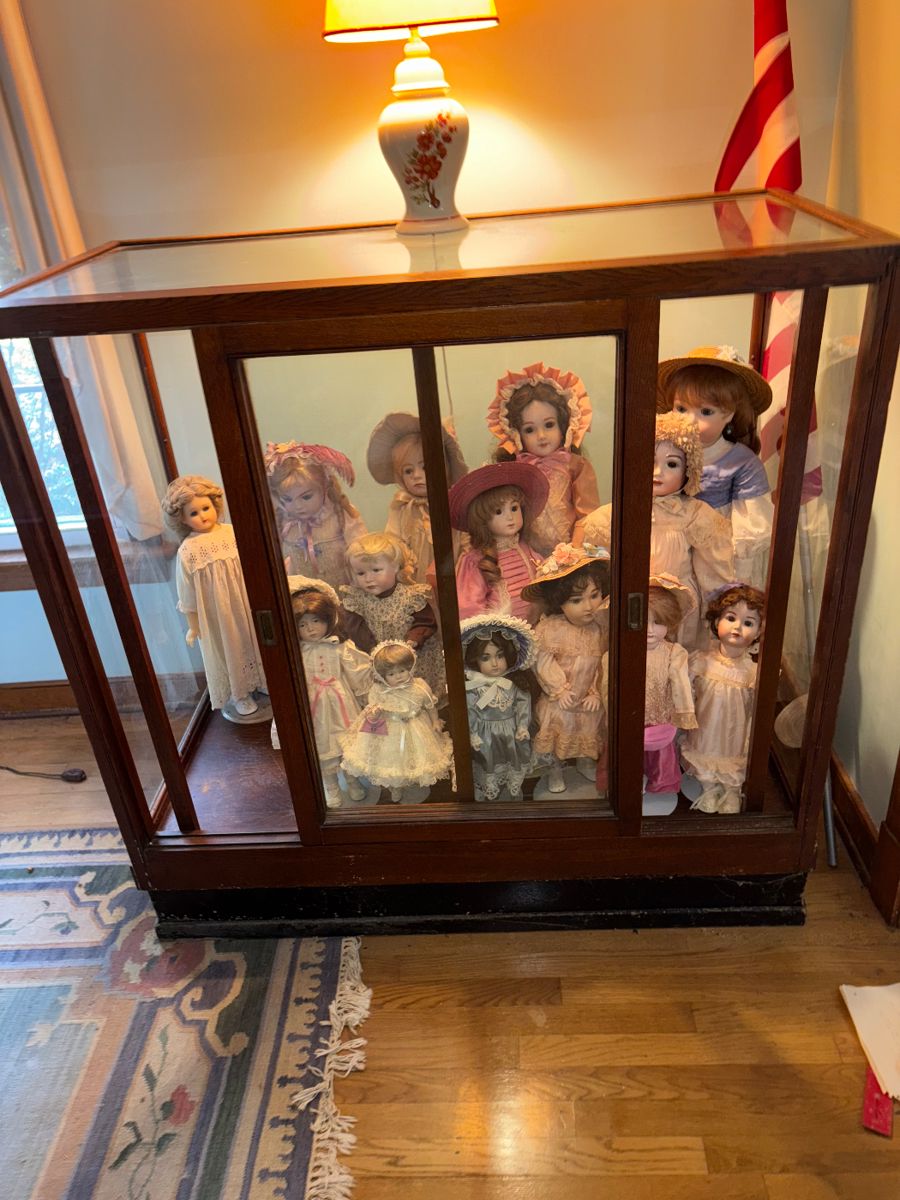 Antique glass and wood with two sliding front doors for easy access! Unique and beautiful