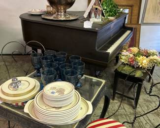 Baby Grand Piano, ice cream table, silver plated punch bowl set