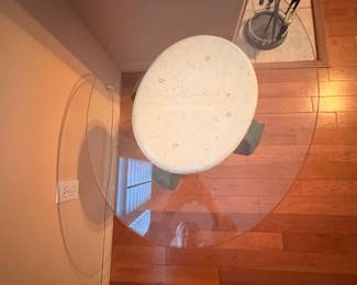 Side wrought iron table with glass top. Matches coffee table