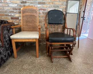 1)Vintage wood/cane back chair (may be a Drexel Heritage Accolade Collection Rustic European). 2) Vintage glider rocker.